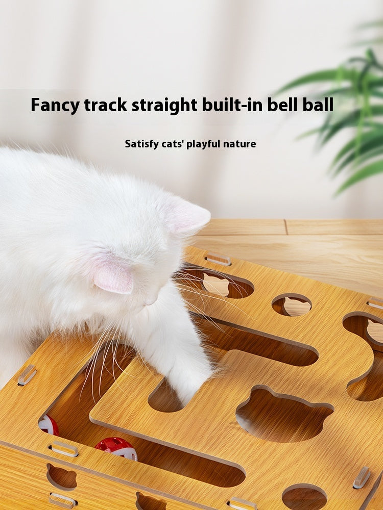 Interactive Wooden Cat Maze Toy with Stick and Balls
