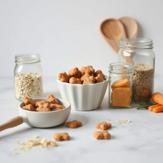 Natural dog treats in a bowl with oats and carrots on a tidy countertop.