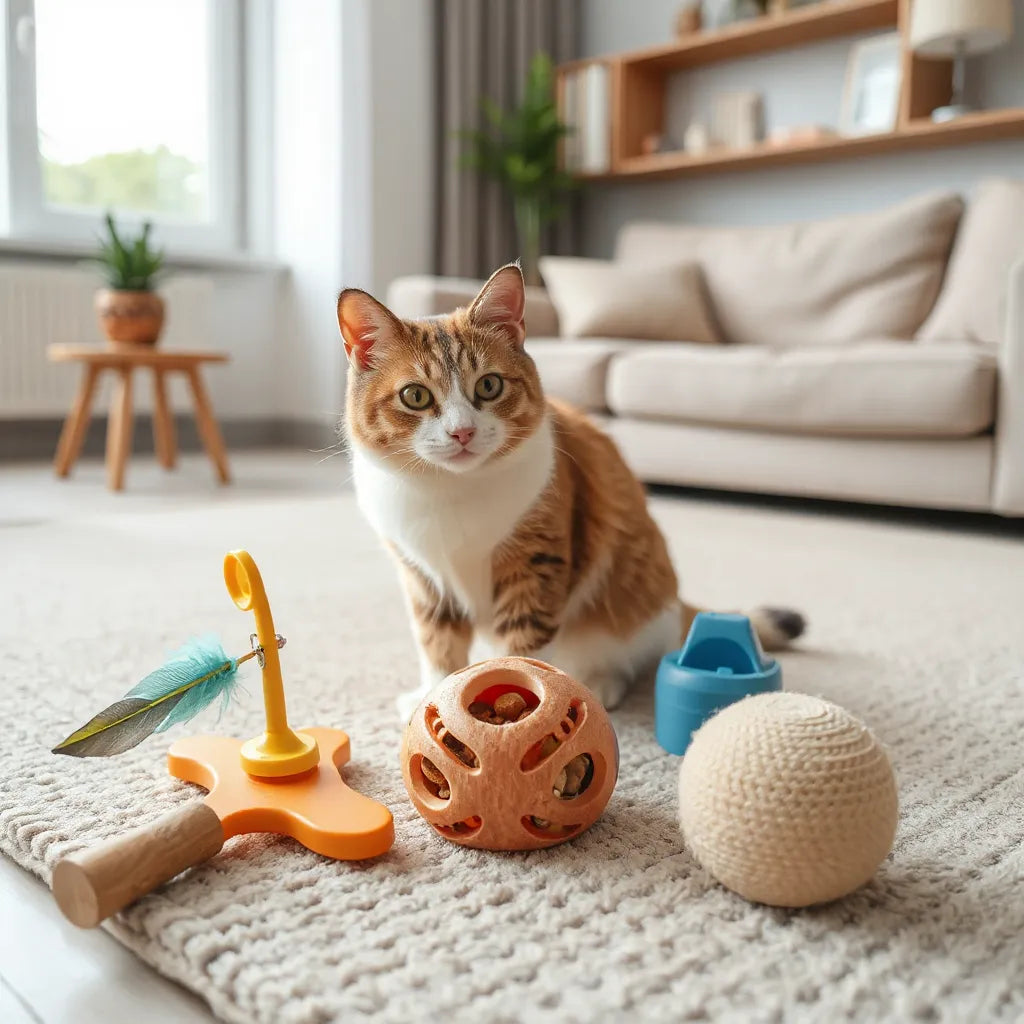 Curious cat batting a wand toy and exploring treat puzzle toys on a rug