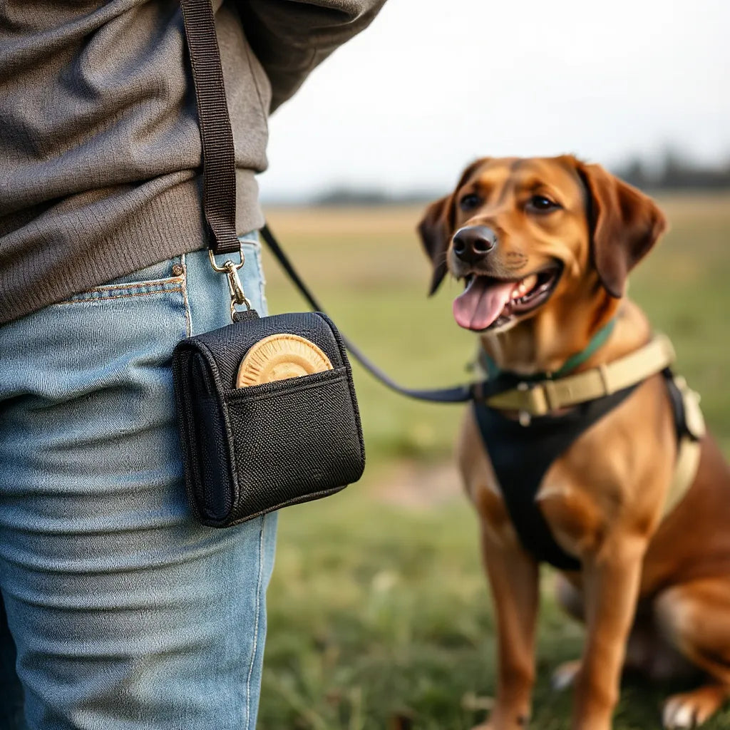Treat pouch clipped to a belt during dog training with a dog sitting attentively nearby