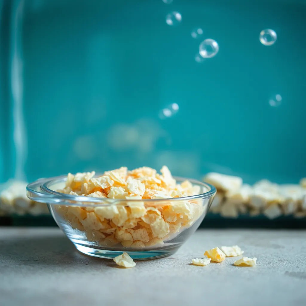Fish food flakes in a dish with a softly blurred aquarium in the background