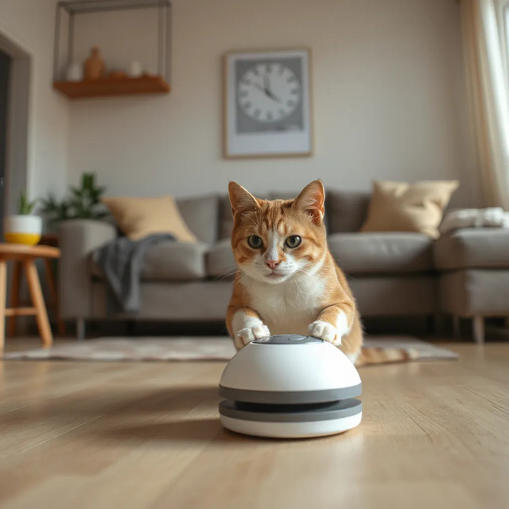 Curious cat engaging with a motion smart interactive toy in a modern living room