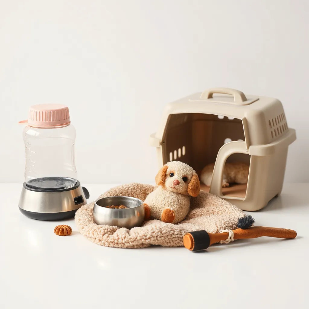 Essential small pet supplies laid out: water bottle, food bowl, bedding, chew toy, and grooming brush.