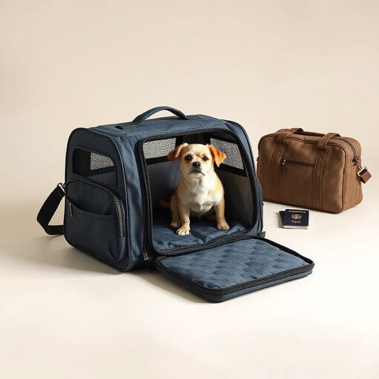Expandable pet carrier for airplane travel with a pet resting inside on a padded mat
