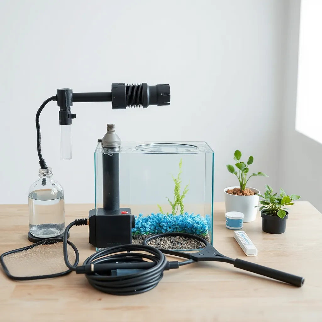 Beginner aquarium setup with tank, filter, heater, gravel, and water test kit on a table
