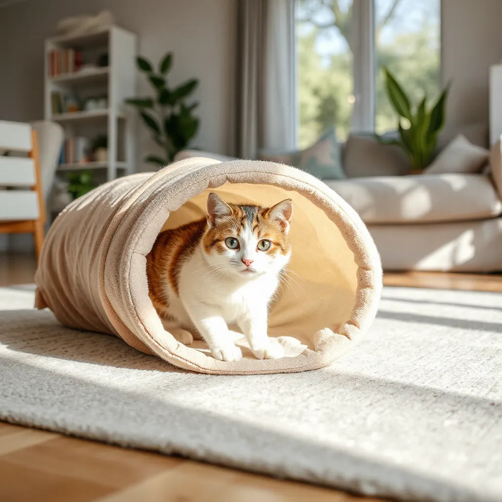 Cat peeking from a soft fabric tunnel on a living room rug