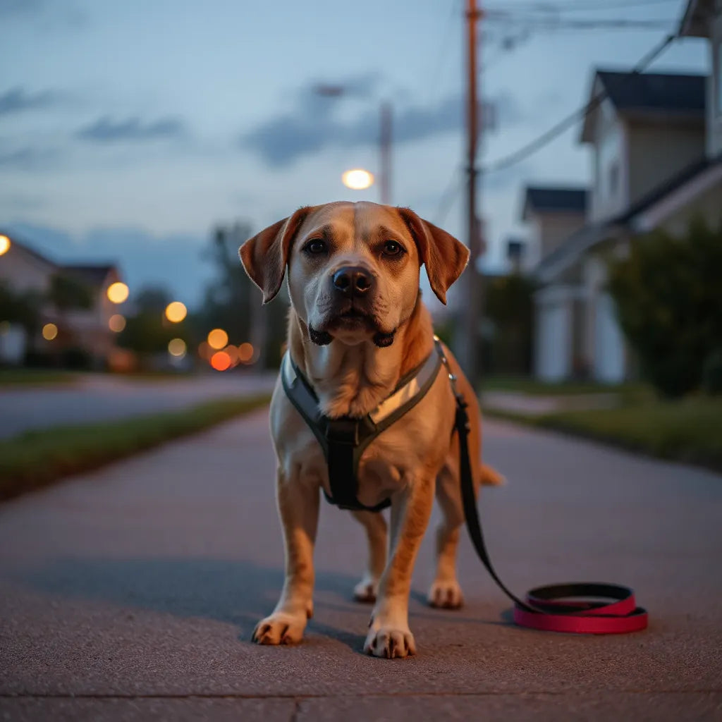 Dog wearing a reflective harness on a dusk sidewalk with light catching the reflective trim