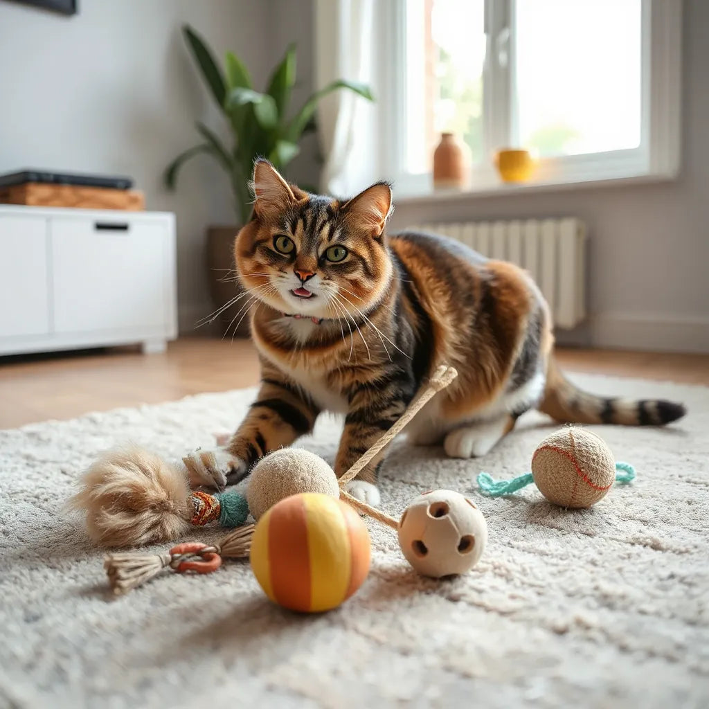 Domestic cat batting a wand and exploring plush and interactive toys on a clean rug by a window