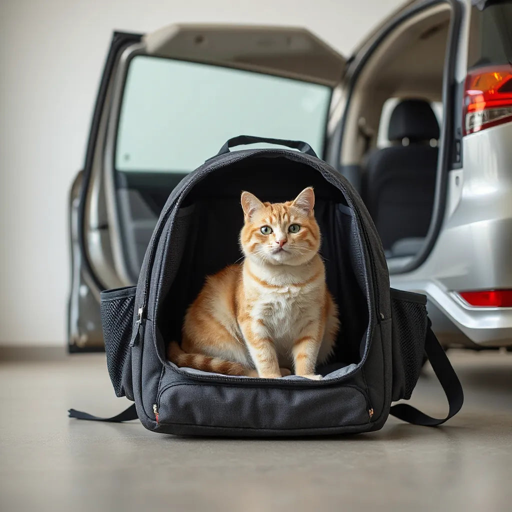 Ventilated cat carrier backpack with a calm cat sitting inside near an open car door