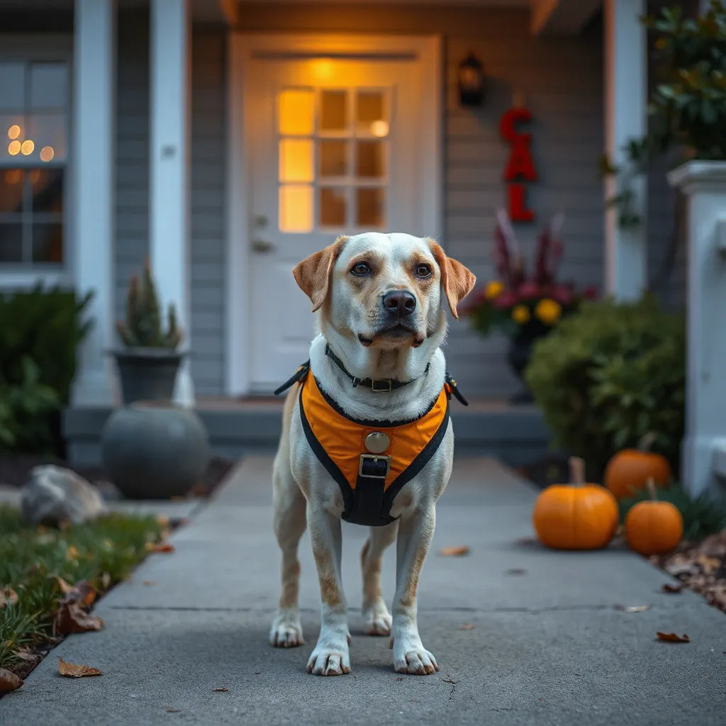 Calm dog wearing a well-fitted Halloween costume with autumn porch lights in the background