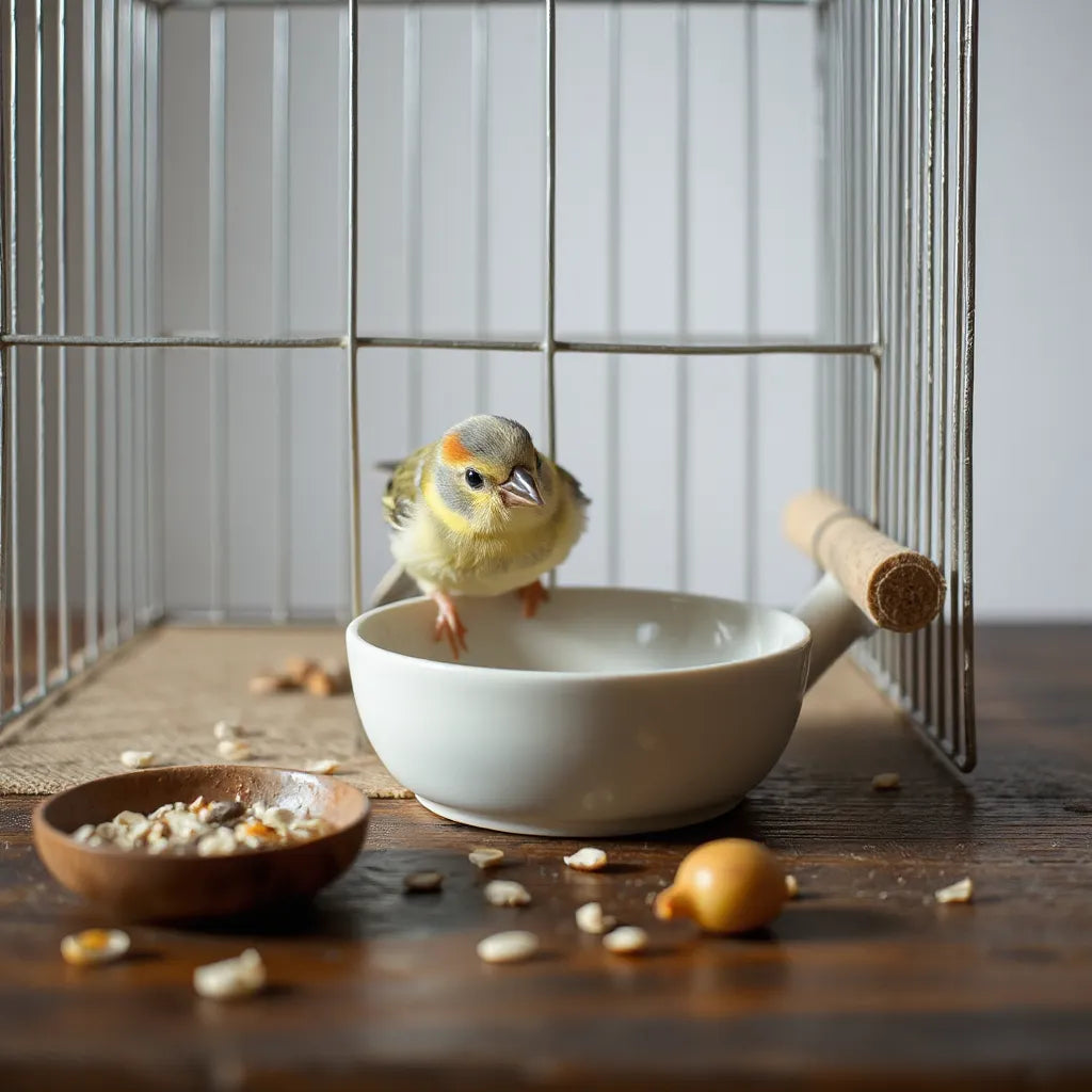 Small pet bird eating from a dish inside a clean cage with seed and fresh food nearby
