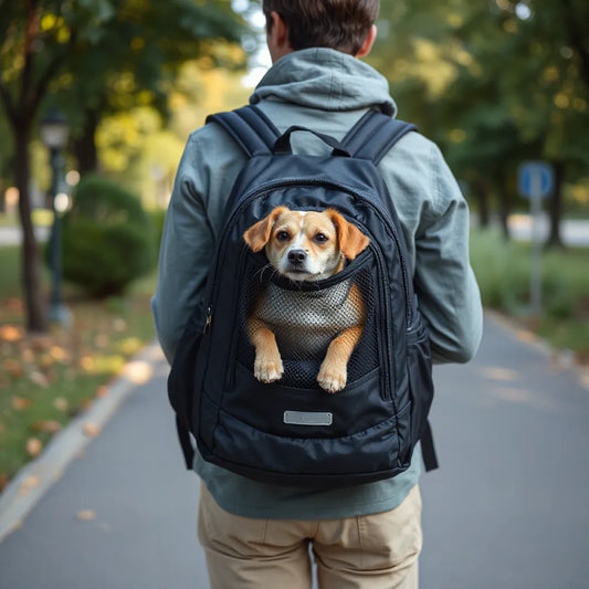 Person wearing a pet travel backpack carrier with a small dog or cat comfortably visible through the front mesh