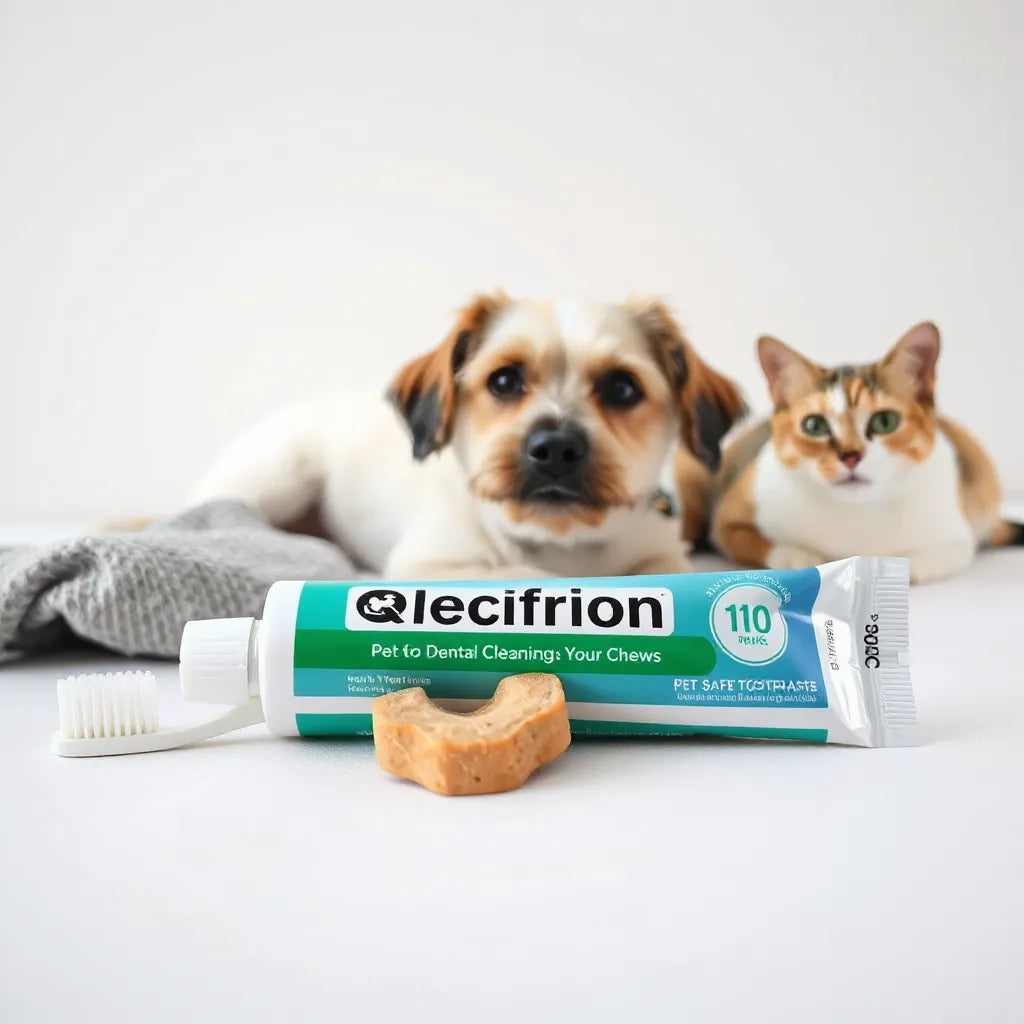 Pet dental care items including toothbrush, pet-safe toothpaste, dental chew, and wipes