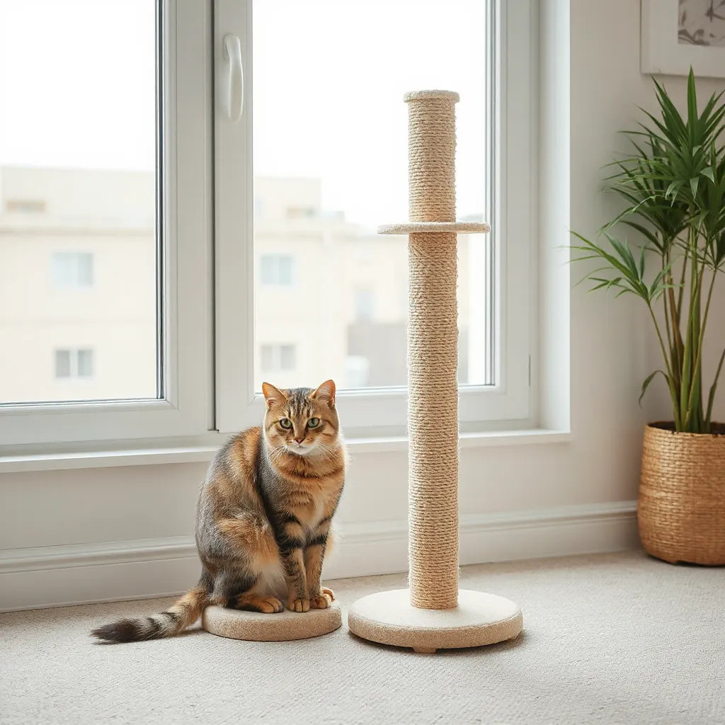 A domestic cat scratches a tall sisal scratching post beside a sunlit window.