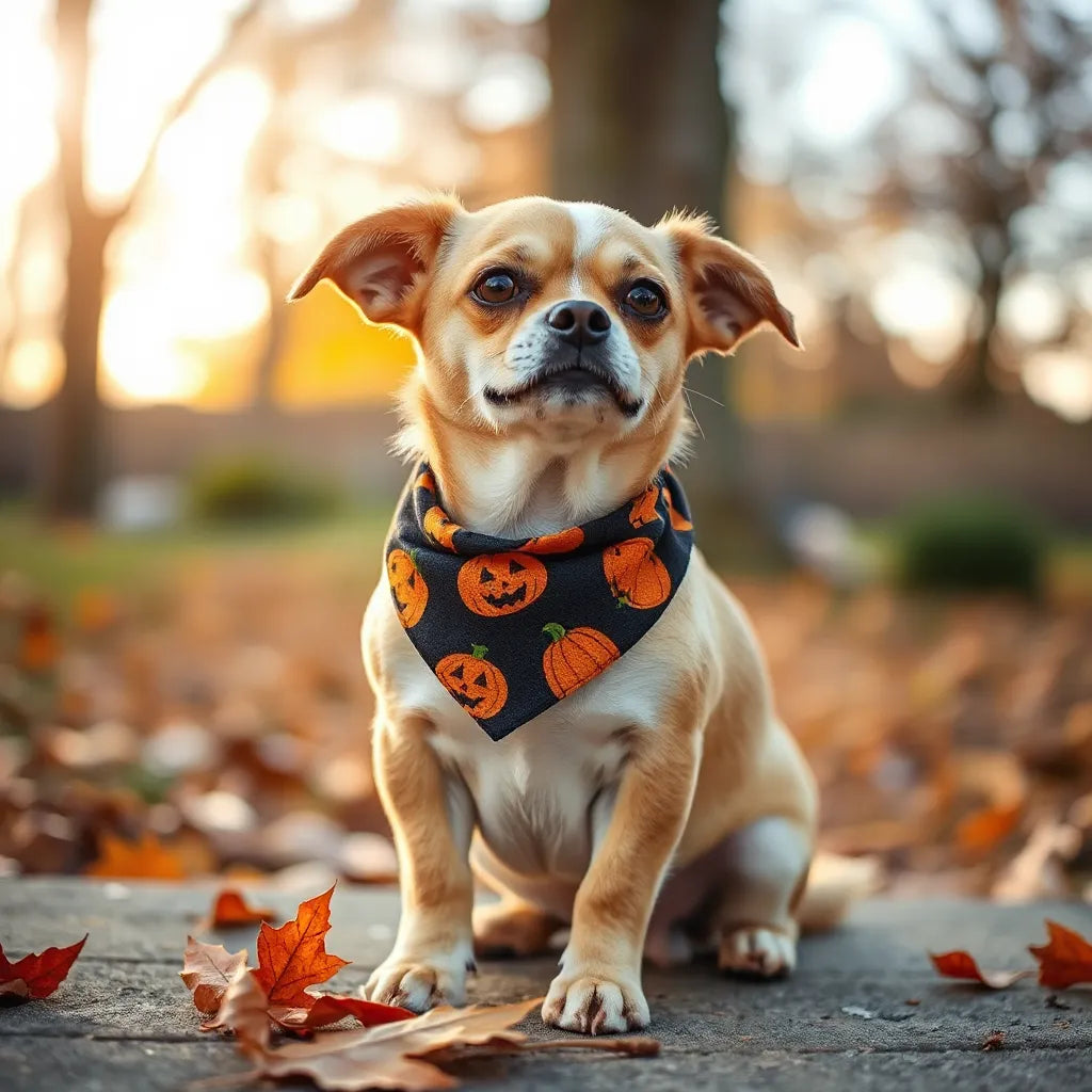 Small dog wearing an orange and black Halloween bandana in warm autumn light