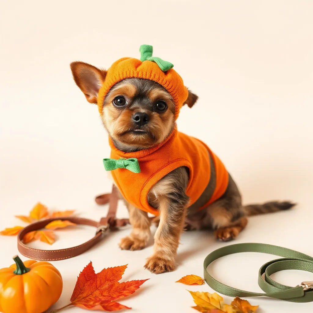 Small dog wearing a pumpkin-themed costume with coordinated hat and bandana accessories
