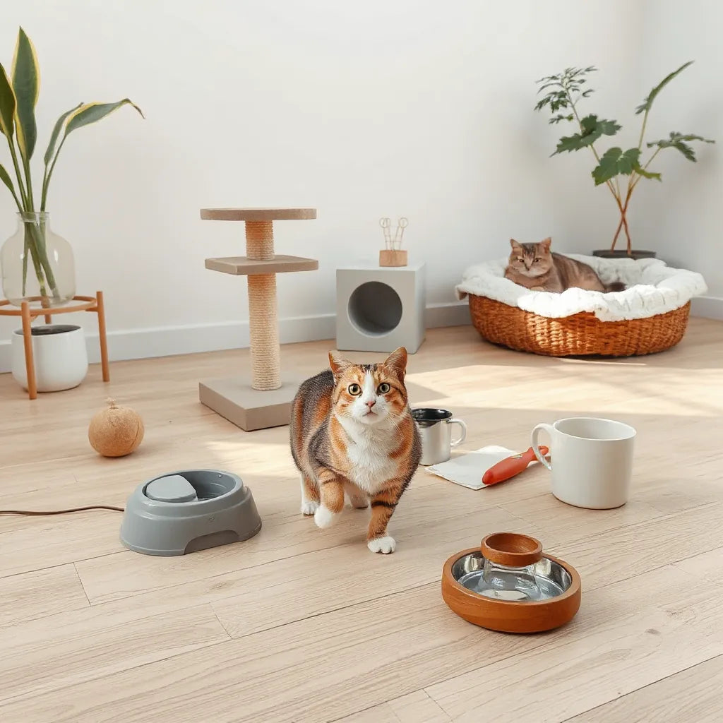 Curious cat near scratching post, toys, bowls, grooming brush, and a cozy bed