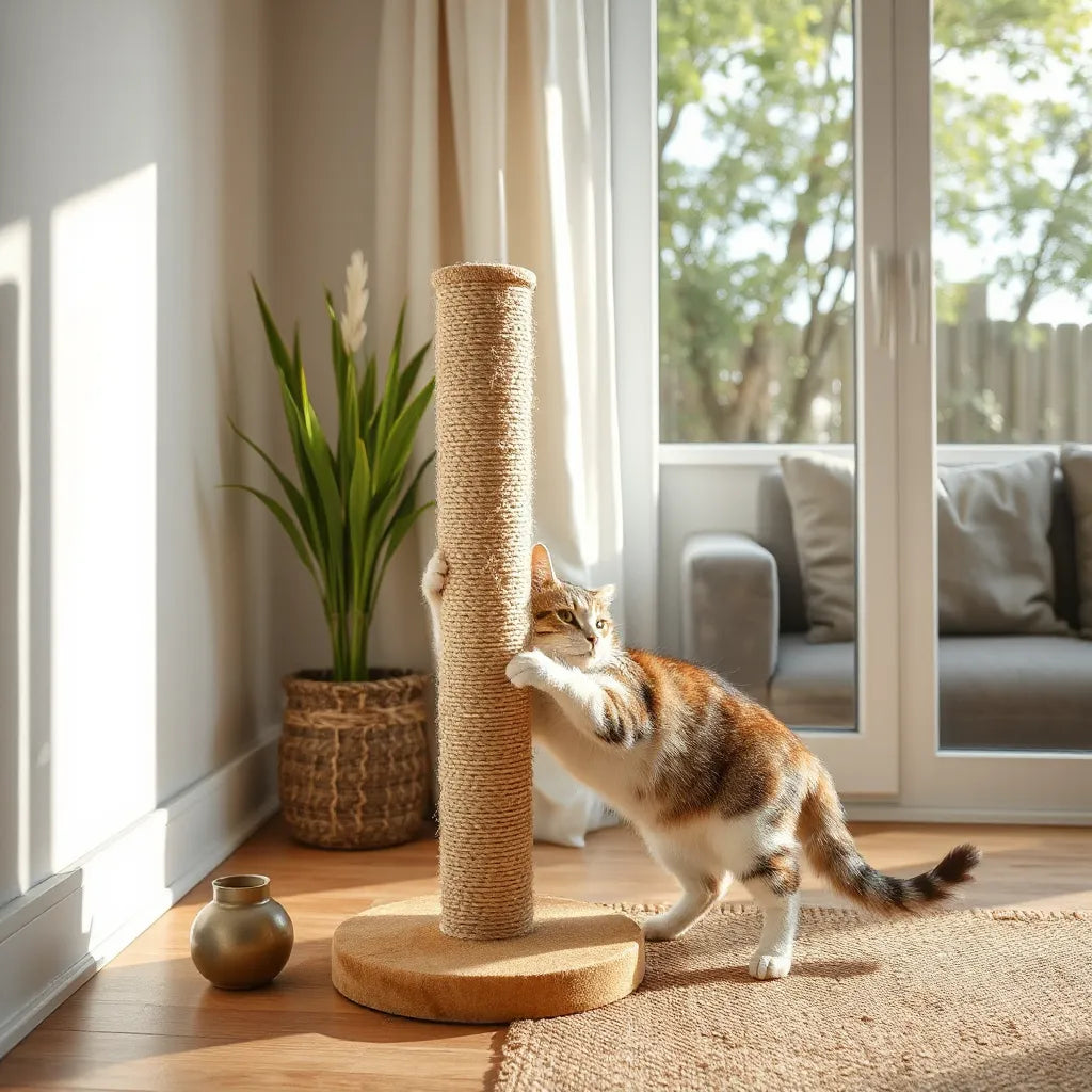 Tall sisal cat scratching post beside a window with a cat stretching and scratching