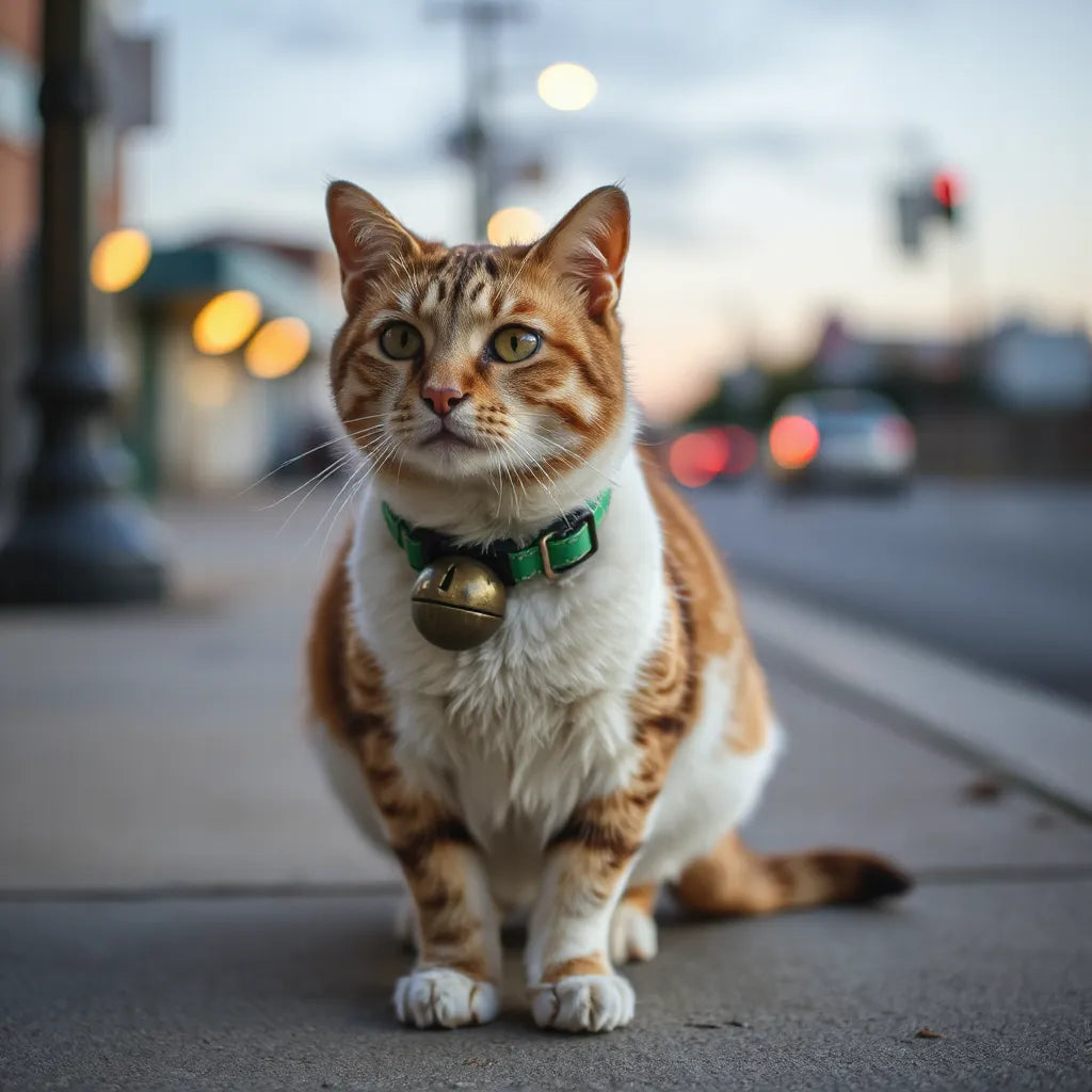 Domestic cat wearing a reflective collar with a small bell in dusk lighting