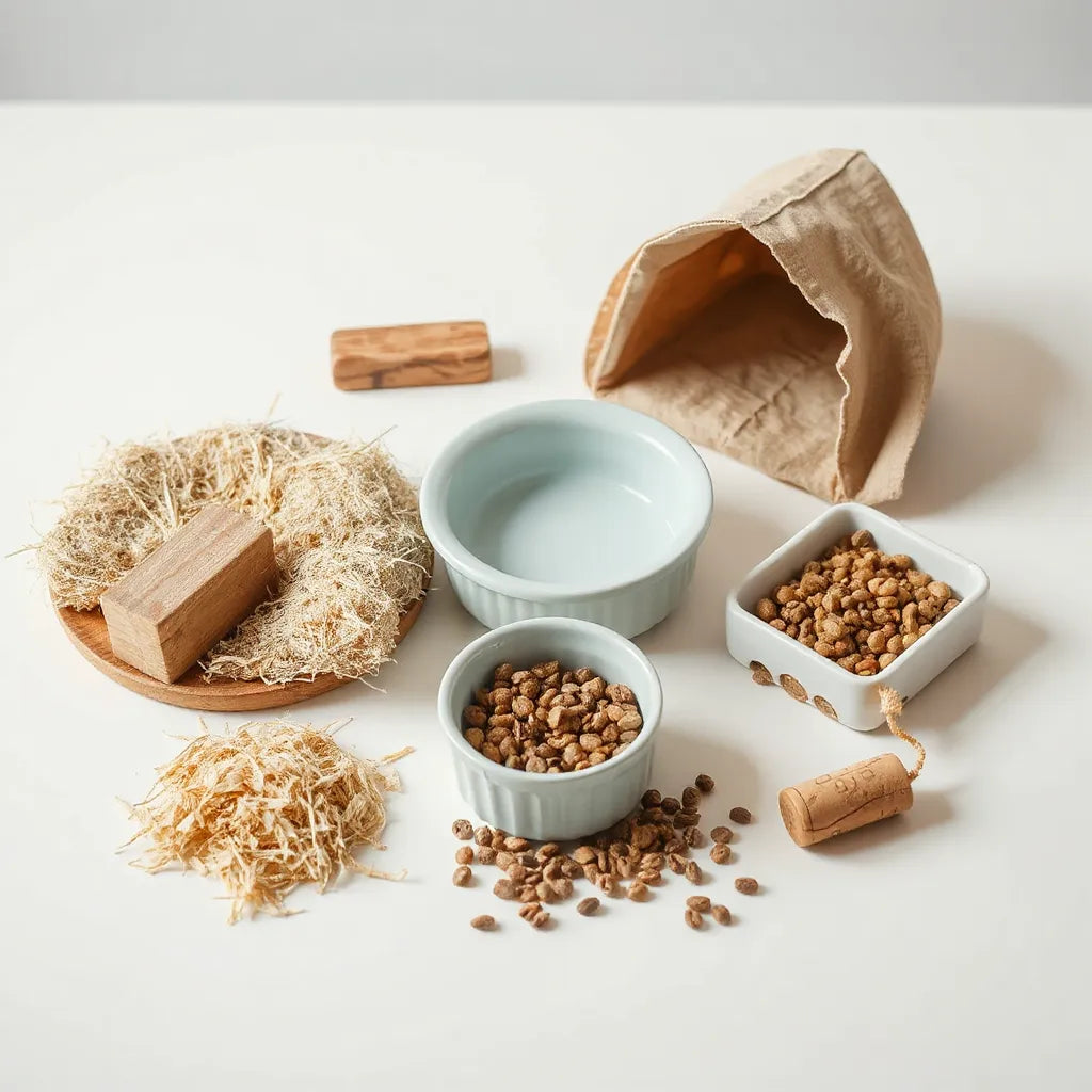 Neatly arranged rodent supplies such as bedding, chew toys, and food and water bowls