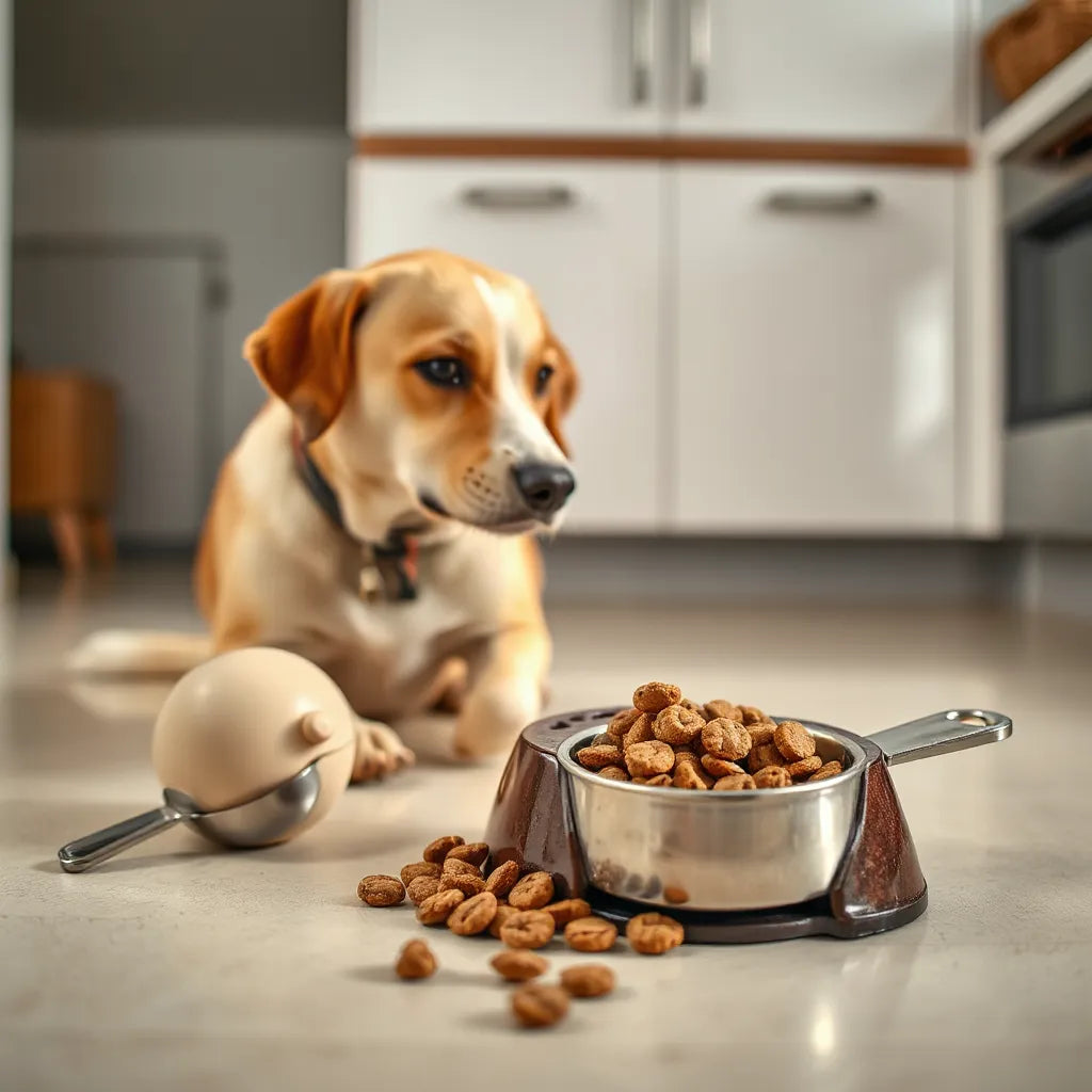 Dog food bowl with kibble and a scoop on a clean floor, with a healthy dog softly blurred in the background