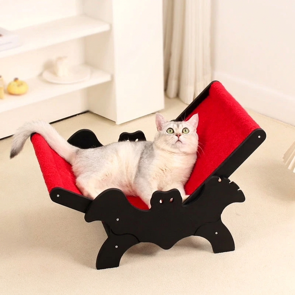 Gothic Halloween Cat Lounger - Adjustable Wooden Recliner, Black and Red