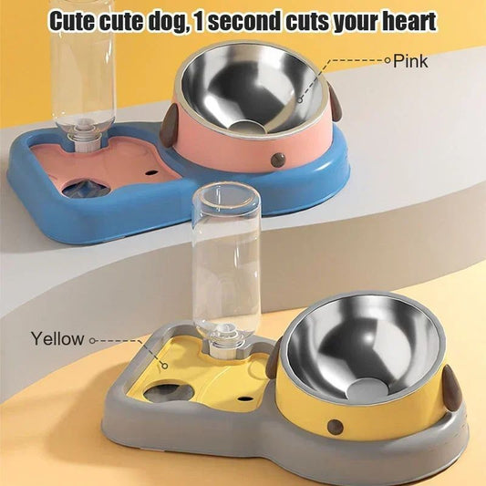 2-in-1 Tilted Pet Feeder Bowl with Automatic Water Dispenser