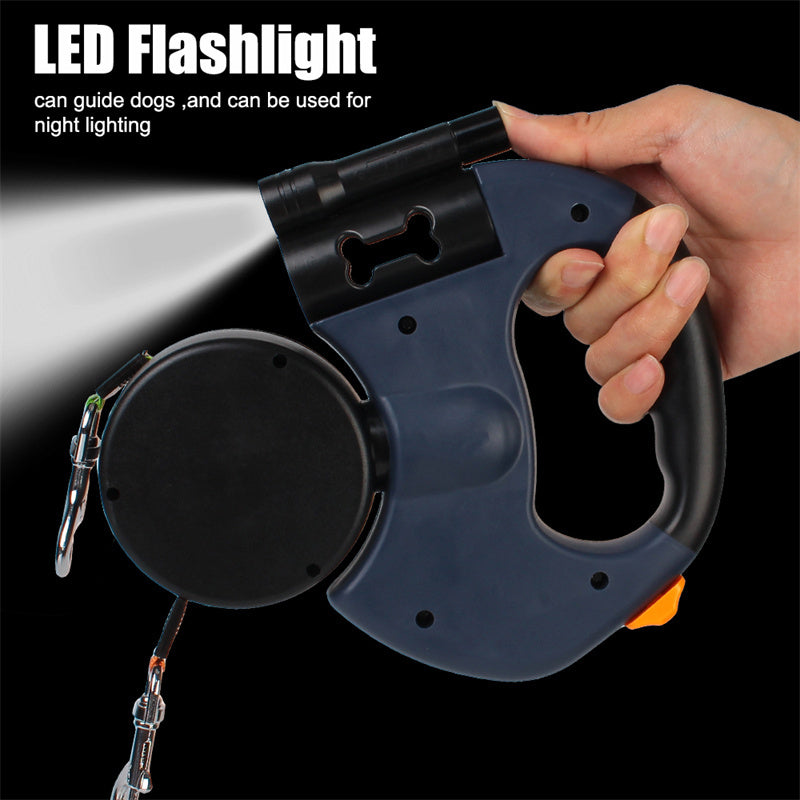 3M Dual Dog Leash with Flashlight Retractable Tangle-Free Leash for Two Dogs