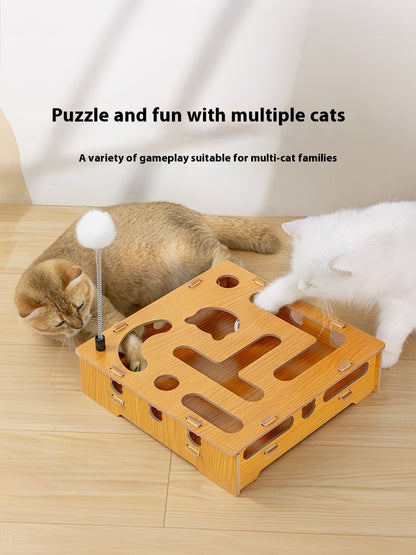 Interactive Wooden Cat Maze Toy with Stick and Balls