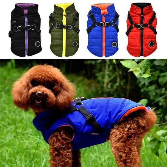 Warm Dog Zipper Jacket – Adjustable Leash Harness for Autumn & Winter