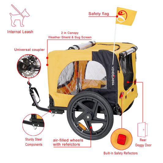 Yellow Outdoor Heavy Duty Foldable Dog Stroller With Bicycle Tow