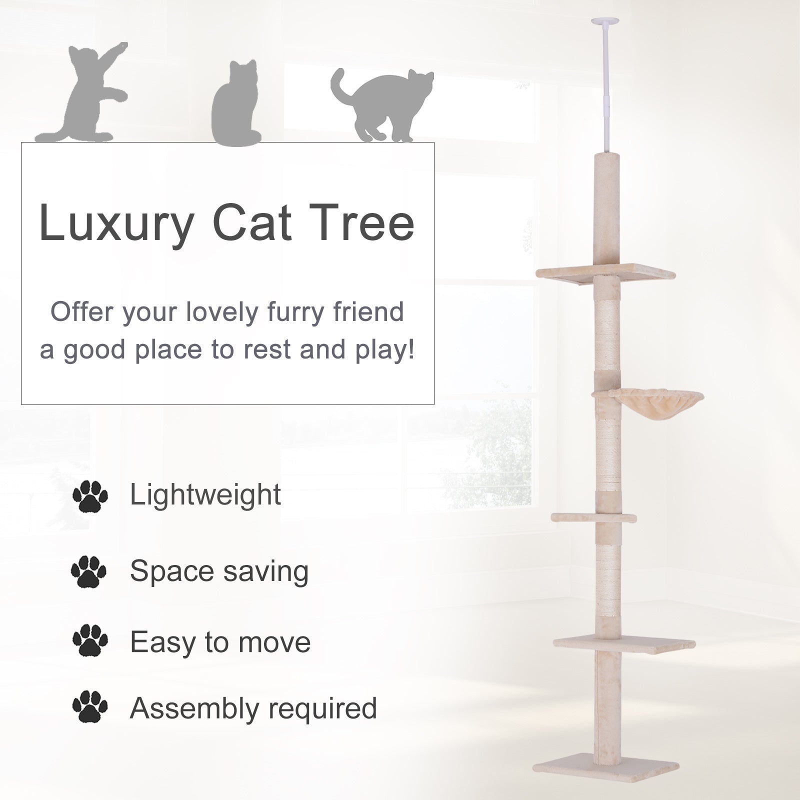 ToyTigris 5-Tier Adjustable Floor to Ceiling Cat Tree in Beige