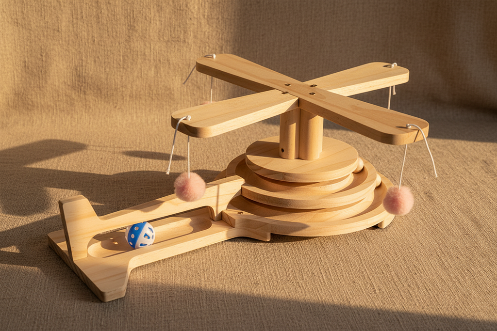 Wooden Helicopter Cat Ball Track Scratcher Toy