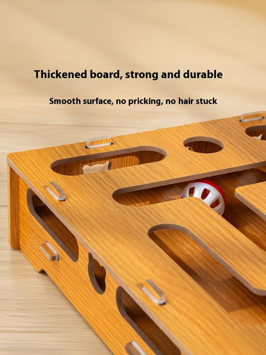 Interactive Wooden Cat Maze Toy with Stick and Balls