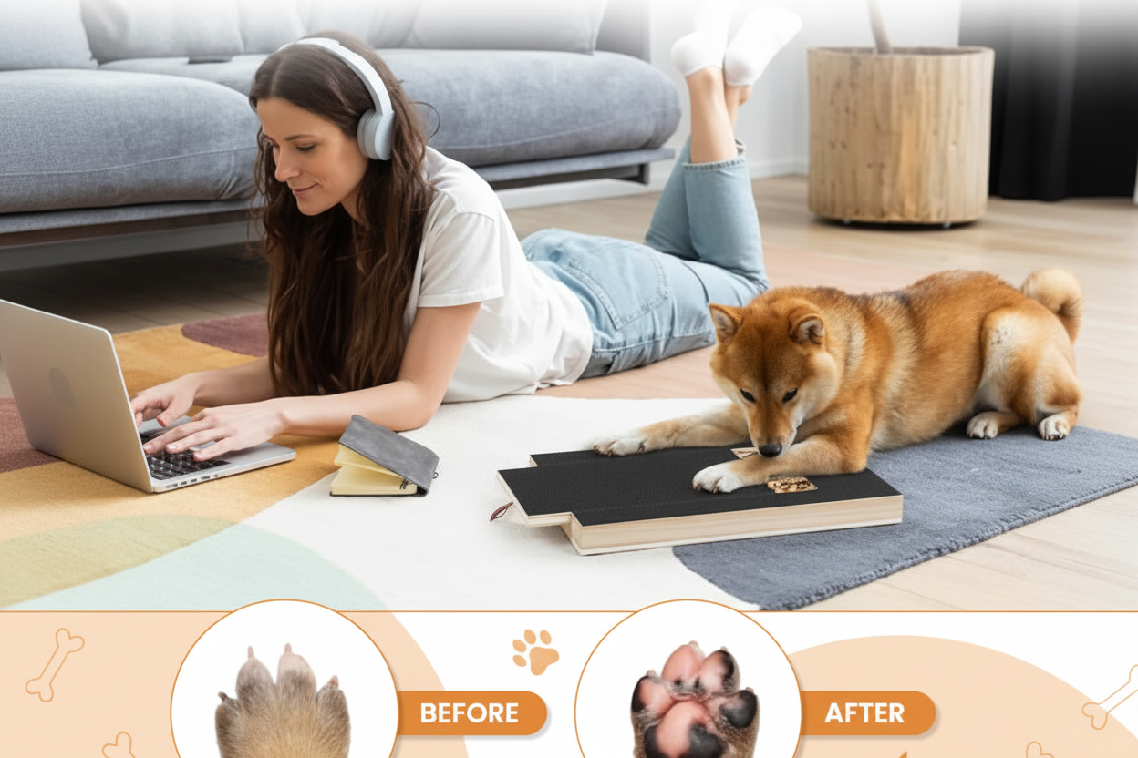 A woman lies on a floor using a laptop while a Shiba Inu dog rests nearby on a book. The bottom of the image includes circular before-and-after paw close-ups with the words BEFORE and AFTER.