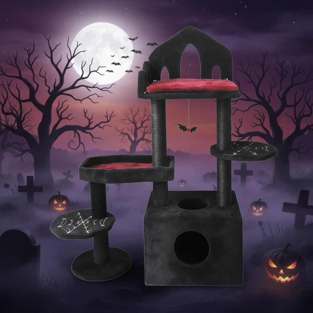 Black Gothic Cat Tree, Multi-Level Spooky Cat Tree with Scratching Posts, Perches, Hammock, and Cat Cave - Black Cat Tower for Indoor Cats with Interactive Toy, Perfect for Multiple Cats 44.5in