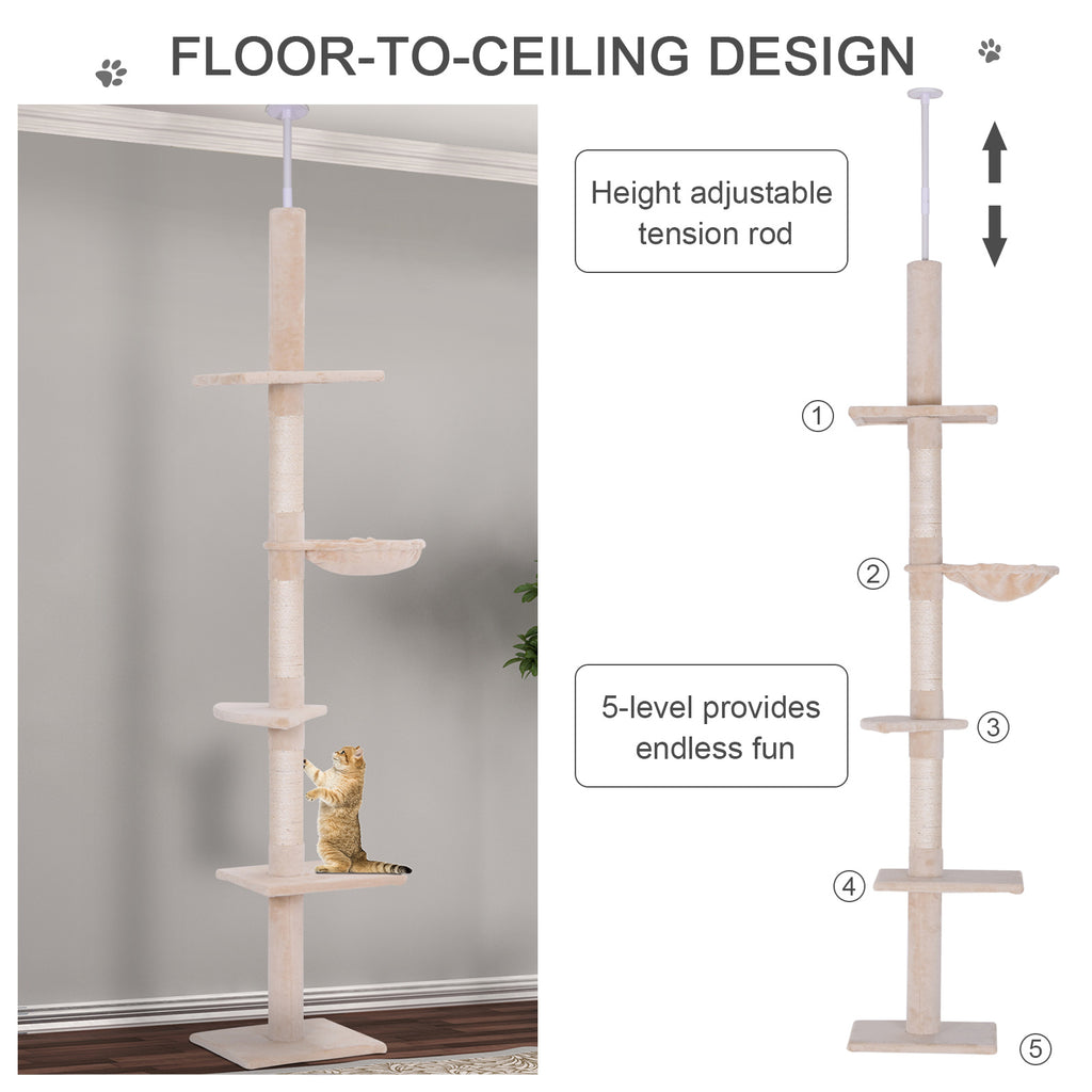 ToyTigris 5-Tier Adjustable Floor to Ceiling Cat Tree in Beige