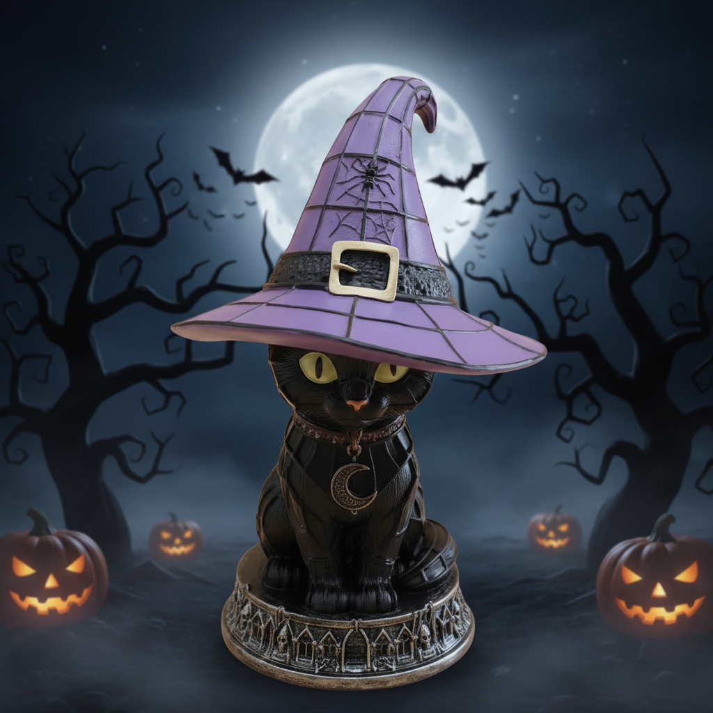 Witch Cat Halloween Night Light Resin