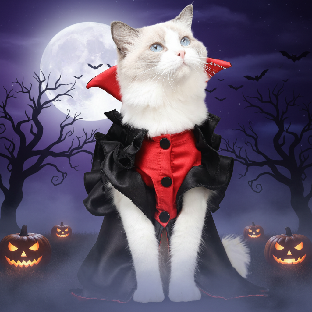 Halloween Vampire Cat Costume - Cape, Red Collar and Buttons, Sizes M-L