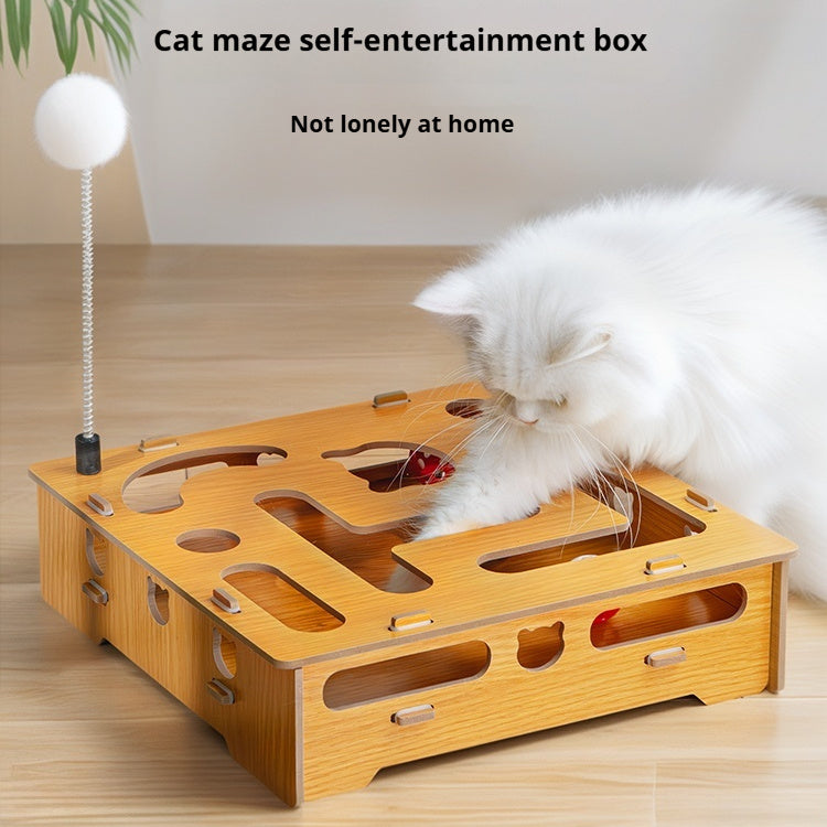 Interactive Wooden Cat Maze Toy with Stick and Balls