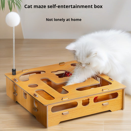 Interactive Wooden Cat Maze Toy with Stick and Balls