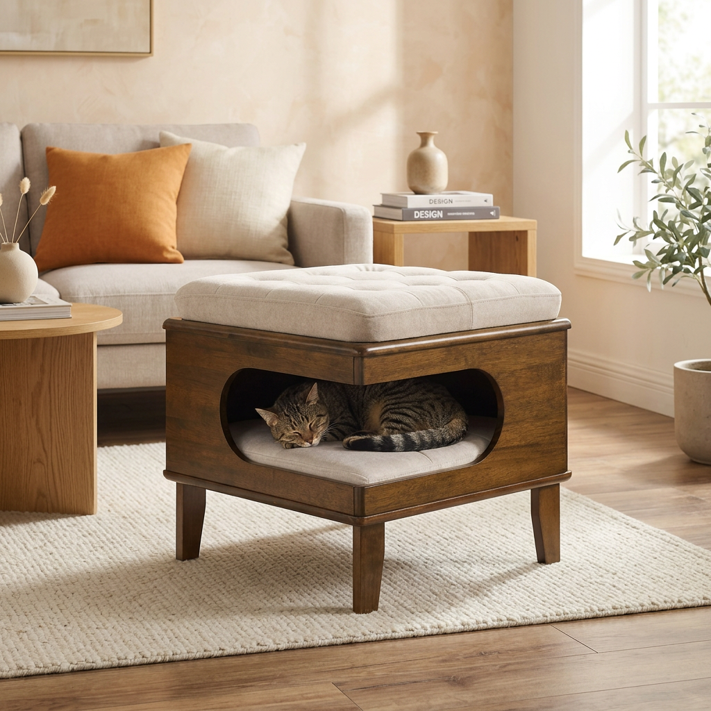 Purrch Cat Cave Ottoman with Tufted Cushion - Walnut Wood