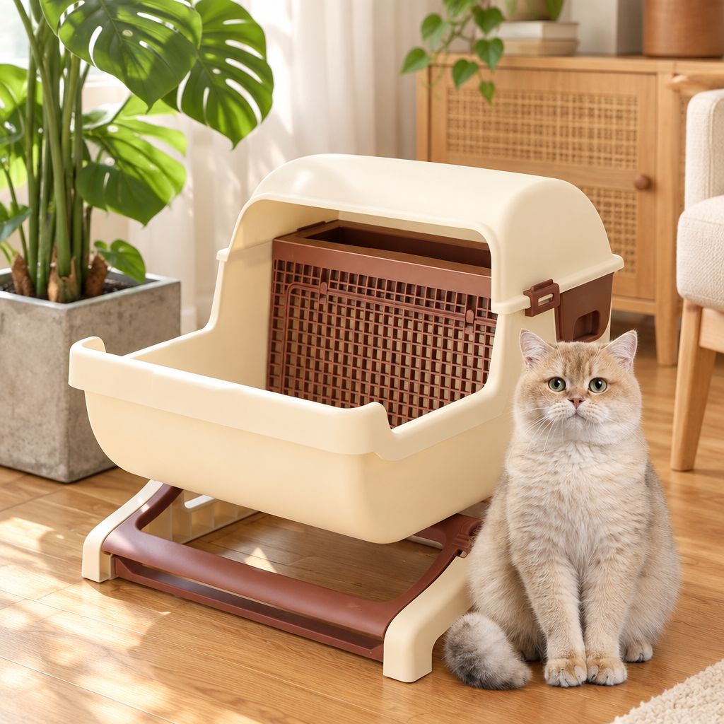 Semi-Automatic Open Tilting Cat Litter Box Easy Clean & Spacious