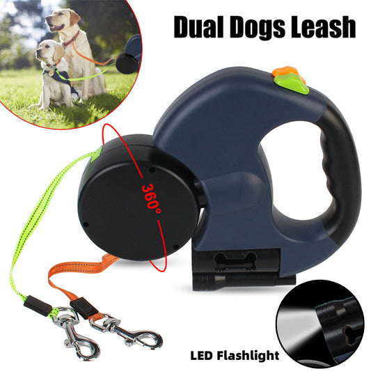 3M Dual Dog Leash with Flashlight Retractable Tangle-Free Leash for Two Dogs