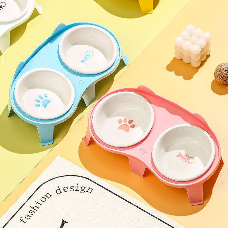 Elevated Tilted Cat Food & Water Bowl Ceramic Pet Feeding Set
