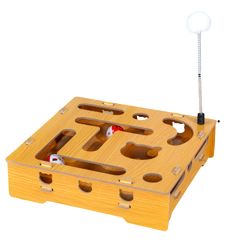 Interactive Wooden Cat Maze Toy with Stick and Balls