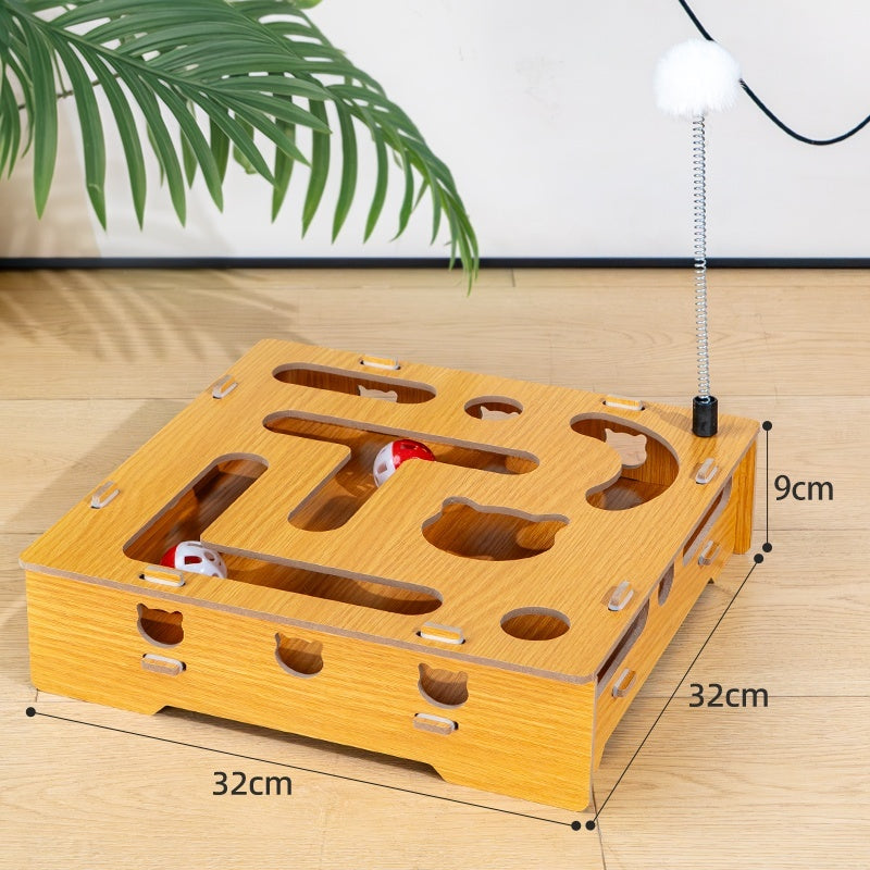 Interactive Wooden Cat Maze Toy with Stick and Balls