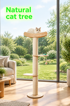 Cat tree in a bright modern living room with a glowing green Natural cat tree title