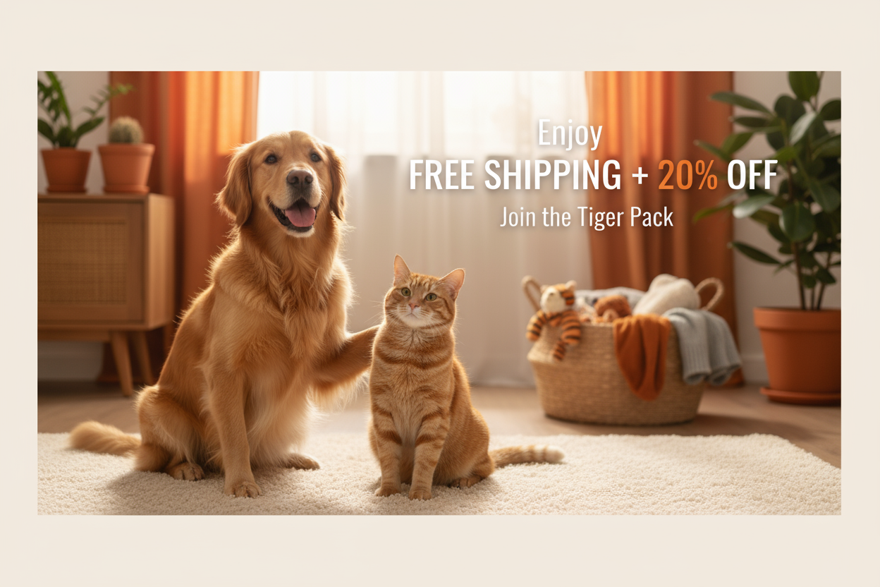 Cozy and inviting scene featuring a friendly cat and dog sitting side by side, looking playful and happy together. The background has warm natural tones with a soft orange accent, representing the Toytigris brand. Include stylish modern text on the banner that says: “Enjoy FREE SHIPPING + 20% OFF” and “Join the Tiger Pack”. The setting should feel premium yet friendly — minimal, well-lit, and balanced composition for a homepage banner.