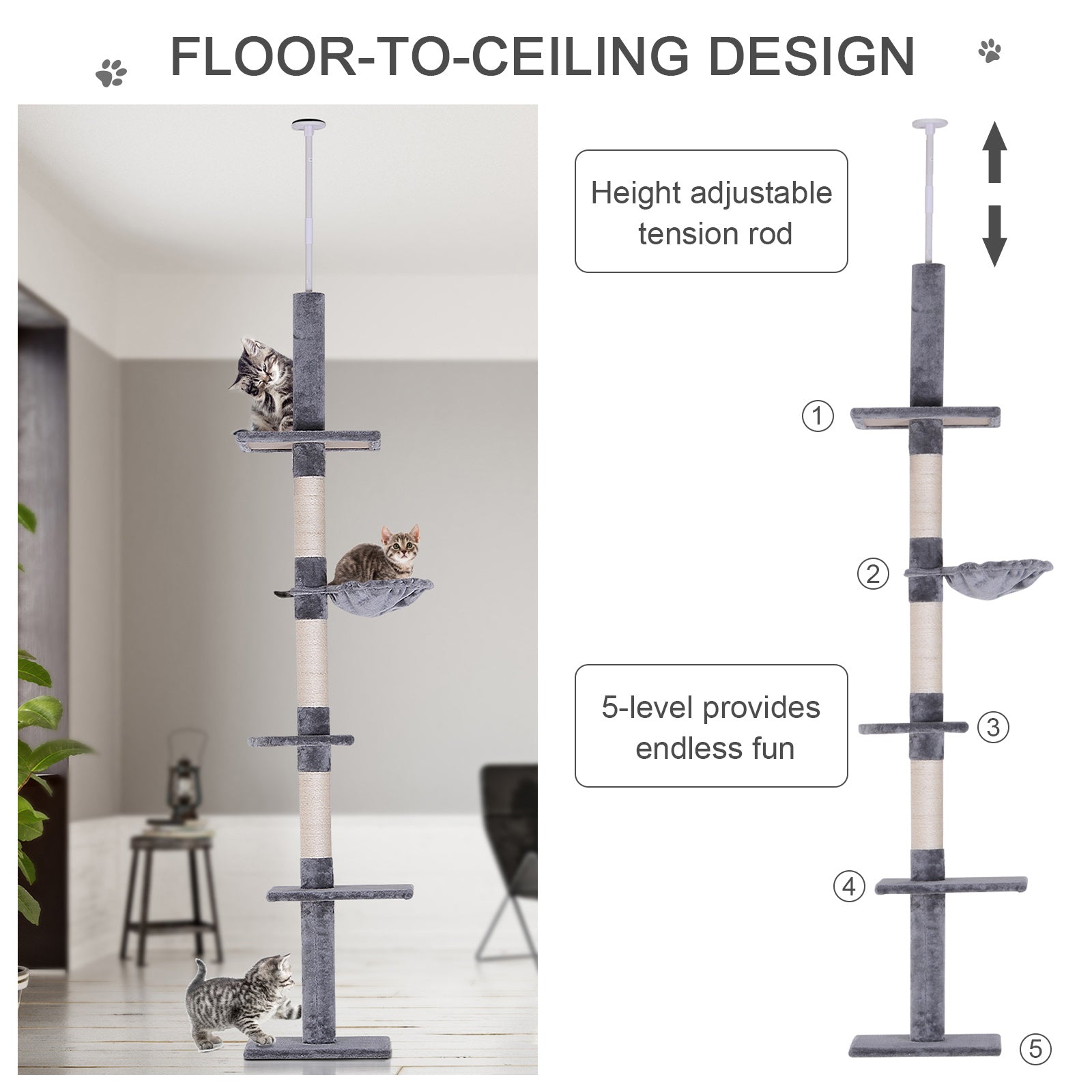 ToyTigris 5-Tier Adjustable Floor to Ceiling Cat Tree